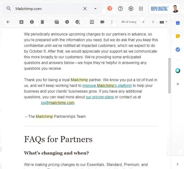 Mailchimp thay đổi bảng giá, tăng giá từ T10-2020-04