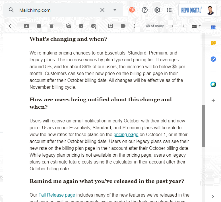 Mailchimp thay đổi bảng giá, tăng giá từ T10-2020-05