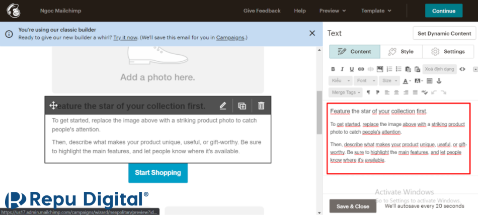 chỉnh sửa nội dung email cá nhân hóa mmailchimp