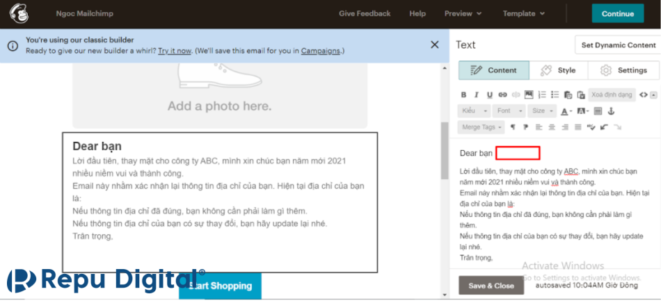 chỉnh sửa nội dung email cá nhân hóa