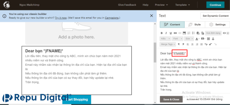 chỉnh sửa trường thông tin cần cá nhân hóa