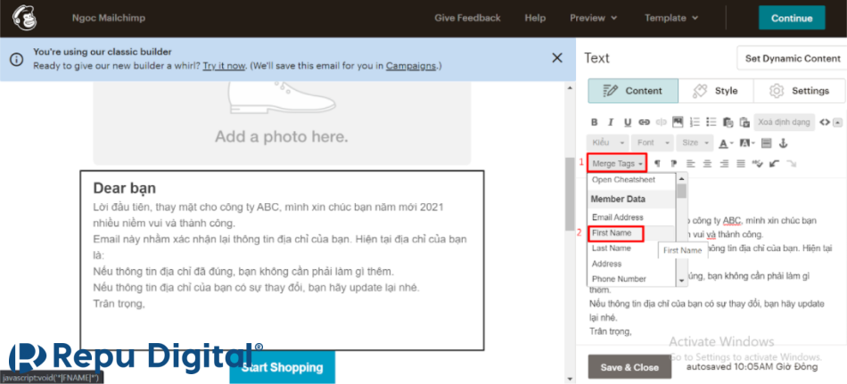 chọn trường thông tin cần cá nhân hóa