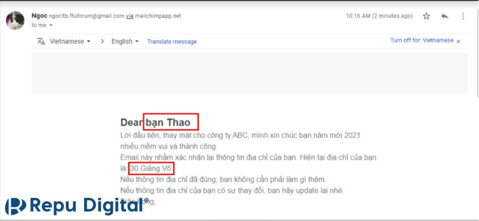 người nhận nhận được email cá nhân hóa mailchimp