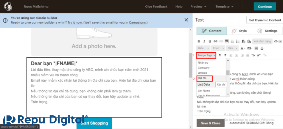 thực hiện chỉnh sửa trường thông tin cần cá nhân hóa