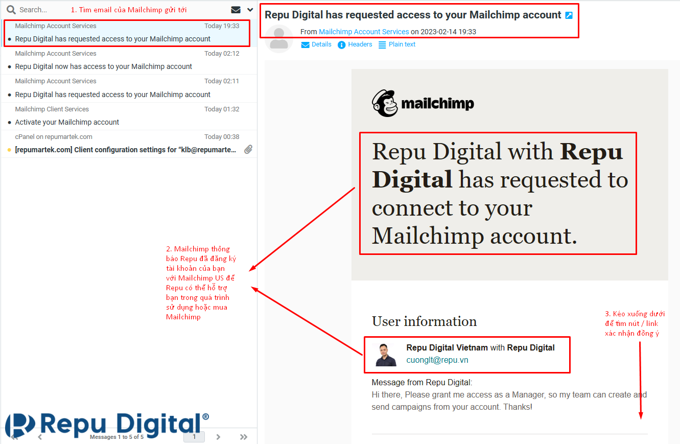 Xác nhận phân quyền hỗ trợ tài khoản Mailchimp cho Repu Digital - Bước 1