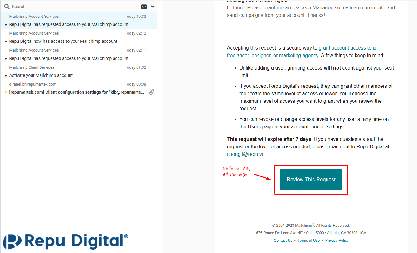 Xác nhận phân quyền hỗ trợ tài khoản Mailchimp cho Repu Digital - Bước 2